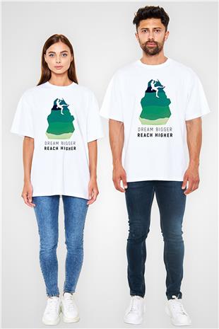 Dağcılık Baskılı Unisex Beyaz Oversize Tişört - Tshirt