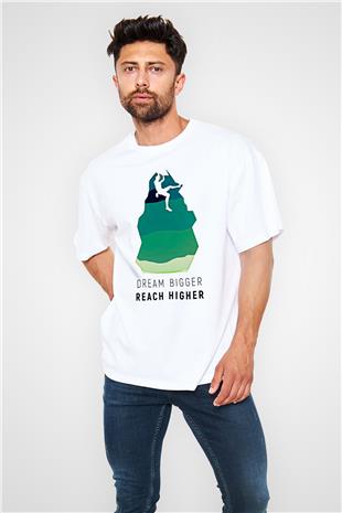 Dağcılık Baskılı Unisex Beyaz Oversize Tişört - Tshirt