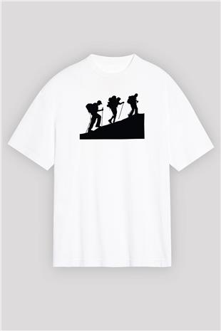 Dağcılık Baskılı Unisex Beyaz Oversize Tişört - Tshirt