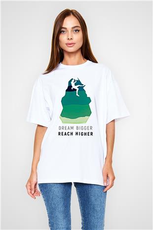 Dağcılık Baskılı Unisex Beyaz Oversize Tişört - Tshirt