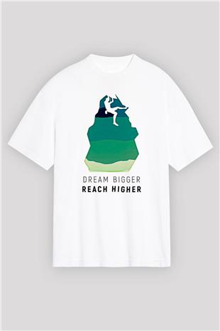Dağcılık Baskılı Unisex Beyaz Oversize Tişört - Tshirt