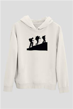 Dağcılık Baskılı Unisex Ekru Hoodie