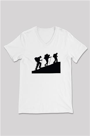 Dağcılık Baskılı Unisex V Yaka Tişört - Tshirt