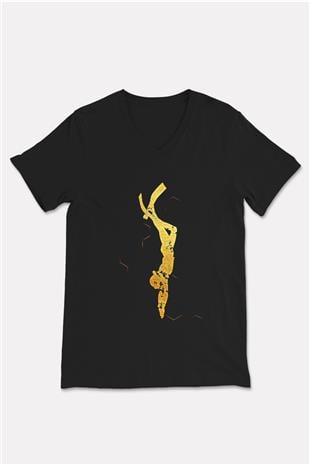 Dağcılık - Mountaineering Baskılı Unisex Siyah V Yaka Tişört