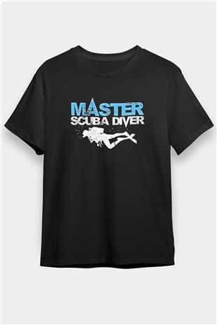 Dalgıçlık Baskılı Unisex Siyah Tişört - Tshirt