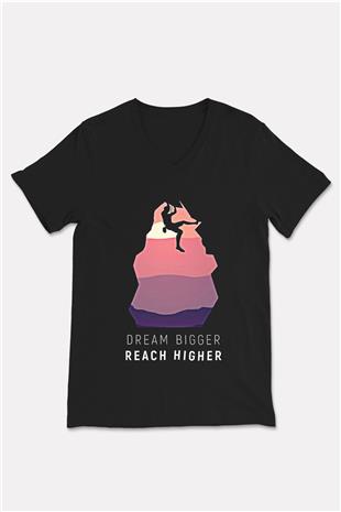 Dağcılık - Mountaineering Baskılı Unisex Siyah V Yaka Tişört