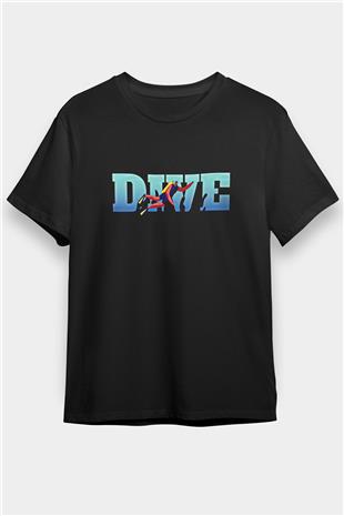Dalgıçlık Baskılı Unisex Siyah Tişört - Tshirt