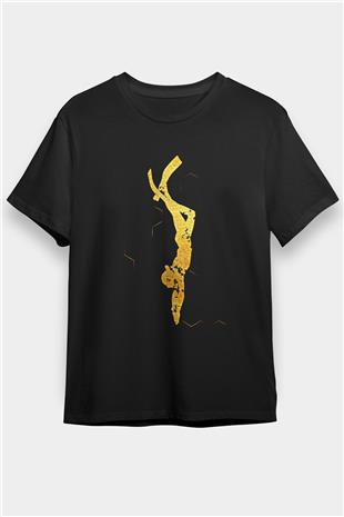 Dalgıçlık Baskılı Unisex Siyah Tişört - Tshirt