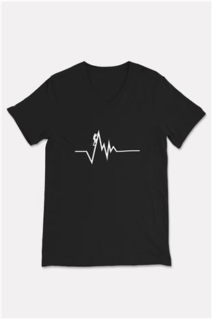 Dağcılık - Mountaineering Baskılı Unisex Siyah V Yaka Tişört