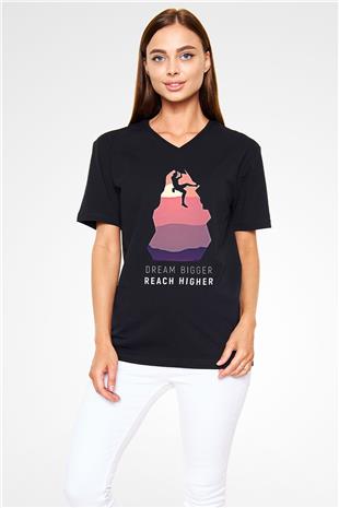 Dağcılık - Mountaineering Baskılı Unisex Siyah V Yaka Tişört