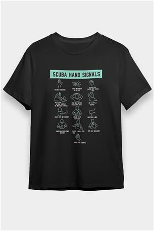 Dalgıçlık Baskılı Unisex Siyah Tişört - Tshirt