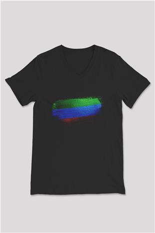 Dağıstan - Republic Dagestan Bayrağı Baskılı Unisex Siyah V Yaka Tişört