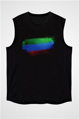 Dağıstan - Republic Dagestan Bayrağı Baskılı Unisex Siyah Kolsuz Tişört