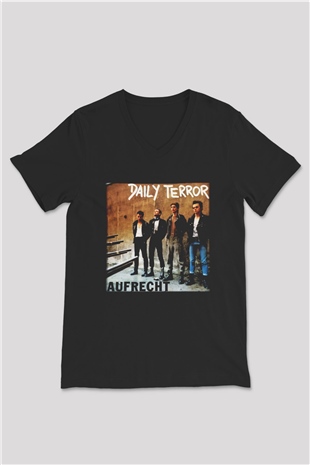 Daily Terror Siyah Unisex V Yaka Tişört T-Shirt