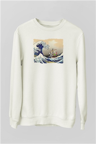 Dalgalar ve Gemi Baskılı Unisex Beyaz  Sweatshirt