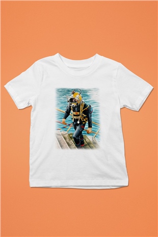 Dalgıç Baskılı Beyaz Unisex Çocuk Tişört