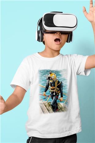 Dalgıç Baskılı Beyaz Unisex Çocuk Tişört