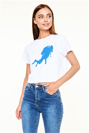 Dalgıç Beyaz Croptop Tişört