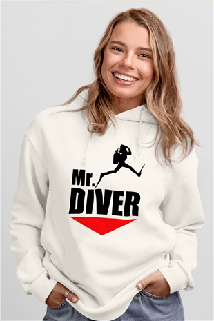 Dalgıç Beyaz Unisex Hoodie
