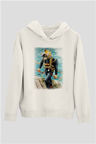 Dalgıç Beyaz Unisex Hoodie