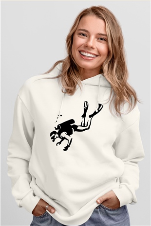 Dalgıç Beyaz Unisex Hoodie