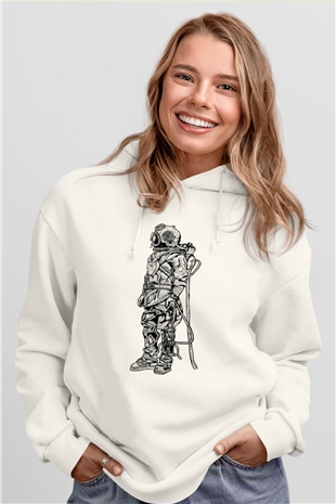 Dalgıç Beyaz Unisex Hoodie