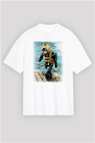 Dalgıç Beyaz Unisex Oversize Tişört T-Shirt