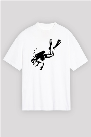 Dalgıç Beyaz Unisex Oversize Tişört T-Shirt