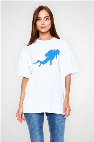 Dalgıç Beyaz Unisex Oversize Tişört T-Shirt