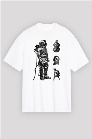 Dalgıç Beyaz Unisex Oversize Tişört T-Shirt
