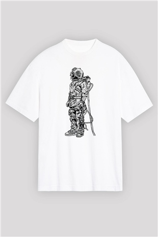 Dalgıç Beyaz Unisex Oversize Tişört T-Shirt