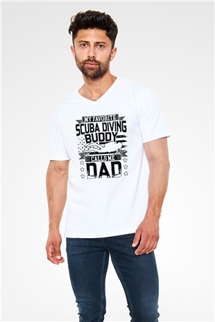 Dalgıç Beyaz Unisex V Yaka Tişört