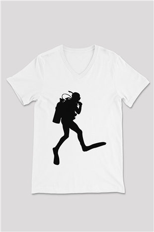 Dalgıç Beyaz Unisex V Yaka Tişört T-Shirt
