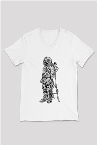 Dalgıç Beyaz Unisex V Yaka Tişört T-Shirt