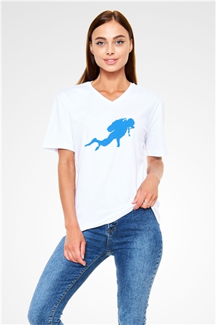 Dalgıç Beyaz Unisex V Yaka Tişört T-Shirt