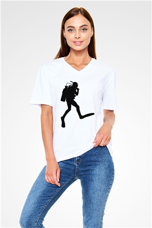 Dalgıç Beyaz Unisex V Yaka Tişört T-Shirt