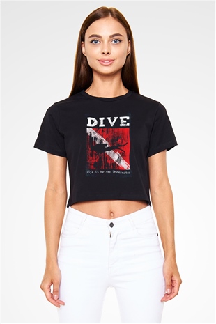 Dalgıç Siyah  Crop Top Tişört