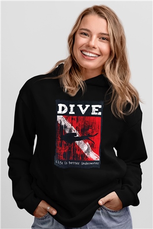 Dalgıç Siyah Unisex Kapüşonlu Sweatshirt