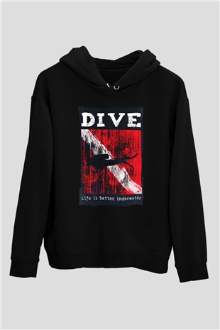 Dalgıç Siyah Unisex Kapüşonlu Sweatshirt