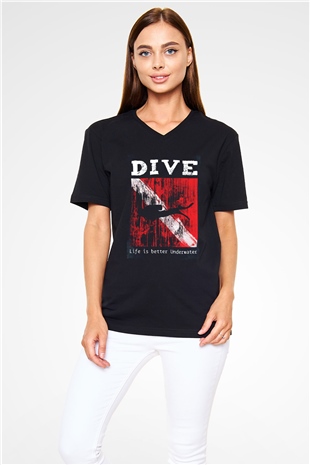 Dalgıç Siyah Unisex V Yaka Tişört
