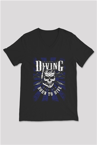 Dalgıç Siyah Unisex V Yaka Tişört
