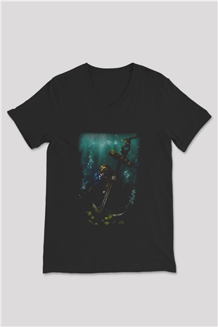 Dalgıç Siyah Unisex V Yaka Tişört T-Shirt