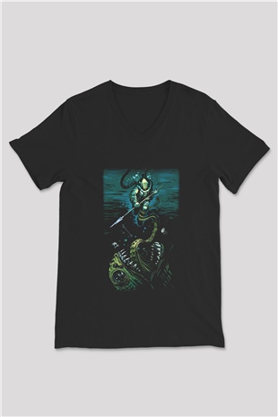 Dalgıç Siyah Unisex V Yaka Tişört T-Shirt