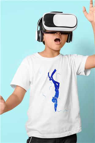 Dalgıçlık Baskılı Unisex Beyaz Çocuk Tişört - Tshirt