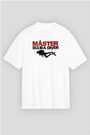 Dalgıçlık Baskılı Unisex Beyaz Oversize Tişört - Tshirt