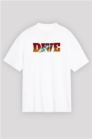 Dalgıçlık Baskılı Unisex Beyaz Oversize Tişört - Tshirt
