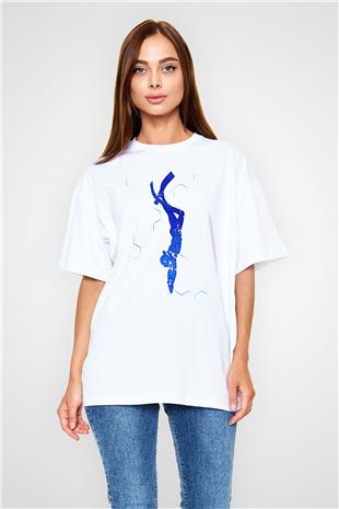 Dalgıçlık Baskılı Unisex Beyaz Oversize Tişört - Tshirt