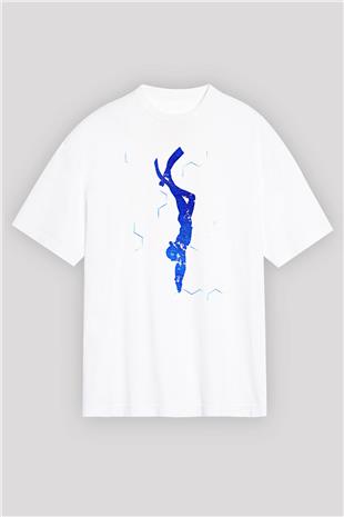 Dalgıçlık Baskılı Unisex Beyaz Oversize Tişört - Tshirt