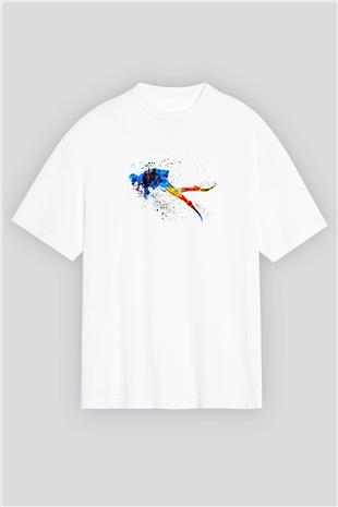 Dalgıçlık Baskılı Unisex Beyaz Oversize Tişört - Tshirt