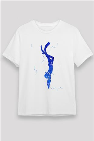Dalgıçlık Baskılı Unisex Beyaz Tişört - Tshirt